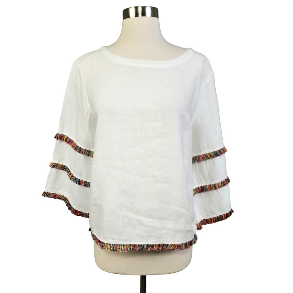 For Cynthia Womens Linen Bell Sleeve Blouse Size Petite Medium Rainbow Trim Boho